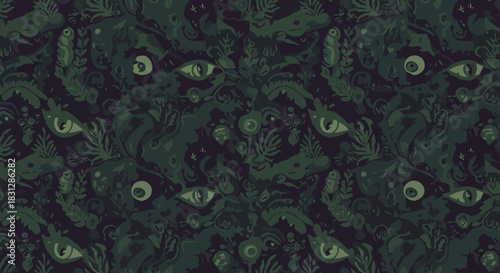 dark swamp pattern a seamless repeating design with lurking eyes and submerged creatures in murky waters ideal for mysterious themes and creative backgrounds