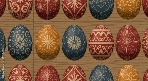 decorated easter eggs on wood planks a colorful assortment with folk art patterns ideal for festive spring holiday themes and traditional celebrations