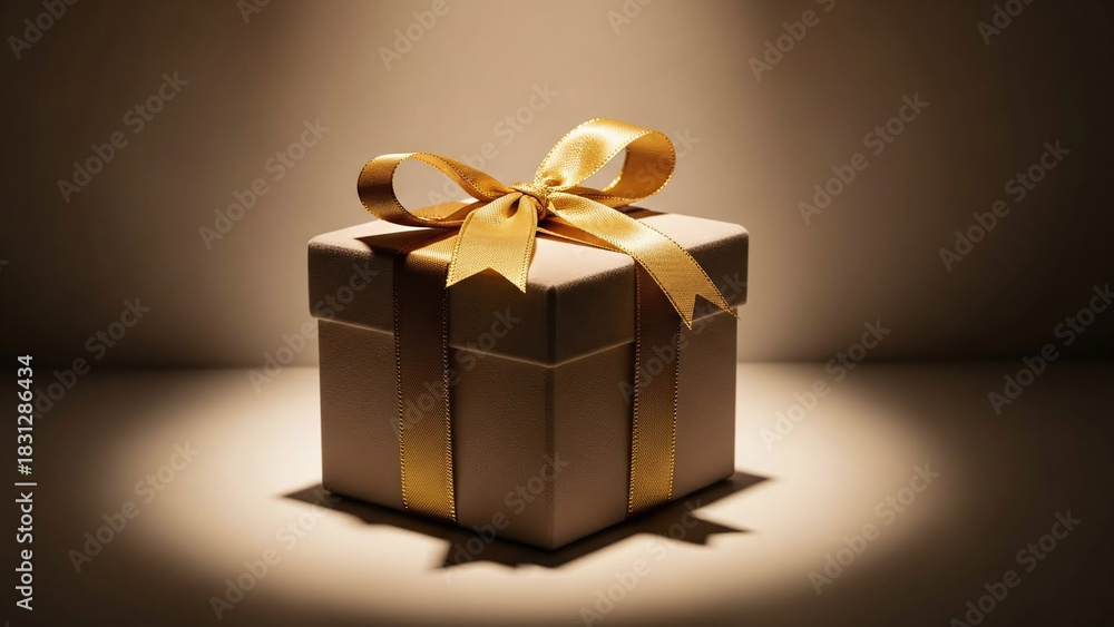 Obraz premium Luxurious Gift Box in Soft Beige Velvet with Gold Ribbon Under Warm Spotlight