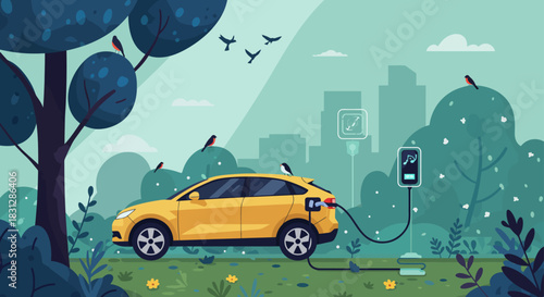 electric car charging in a green environment with birds providing sustainable energy for transportation ideal for showcasing eco-friendly technology