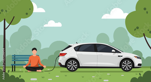 electric car charging man meditating in nature showcasing eco-friendly lifestyle promoting sustainability and mindful practices for green energy adoption