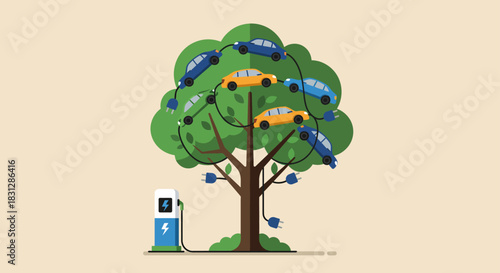 electric car charging station powering a tree of cars symbolizing green energy and sustainable transport solutions ideal for environmental awareness campaigns