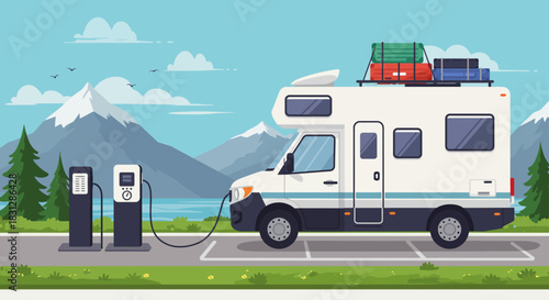 electric rv charging campervan at a charging station in a scenic mountain landscape illustrating eco-friendly travel and sustainable tourism