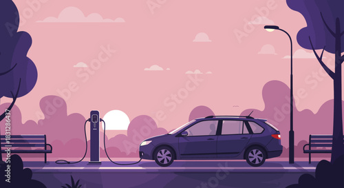 electric vehicle charging at sunset a sustainable transport solution in the city park promoting eco-friendly technology and urban mobility concept