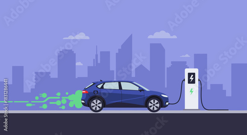 electric vehicle charging at a station against a cityscape backdrop showcasing green energy and sustainability for eco-friendly urban transport