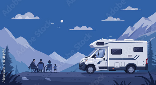 family camping with rv at night father mother and child enjoy the wilderness surrounded by mountains perfect for travel and leisure ads