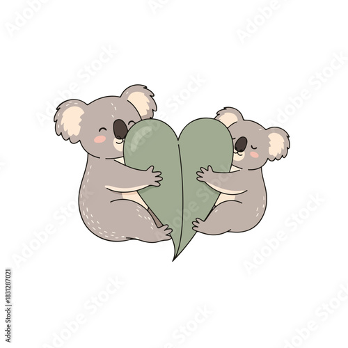Illustration of two adorable koalas embracing a large green heart on a white background, conveying Valentine's Day love and affection in a cute and playful style.