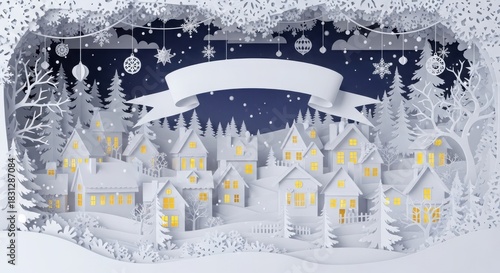 3D Paper Cut Christmas Village Diorama with Blank Banner and Warm Lights