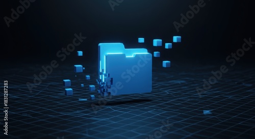 Digital Voxel Folder Icon Dissolving into Blue Cubes on Grid