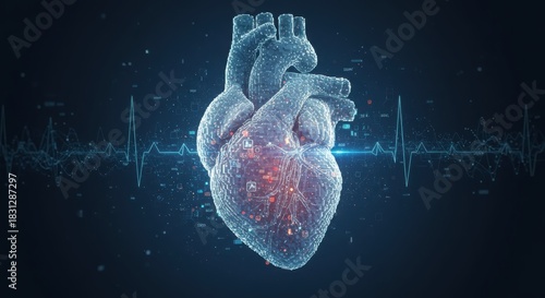 Digital Voxel Heart with Data Flow and EKG Pulse Line