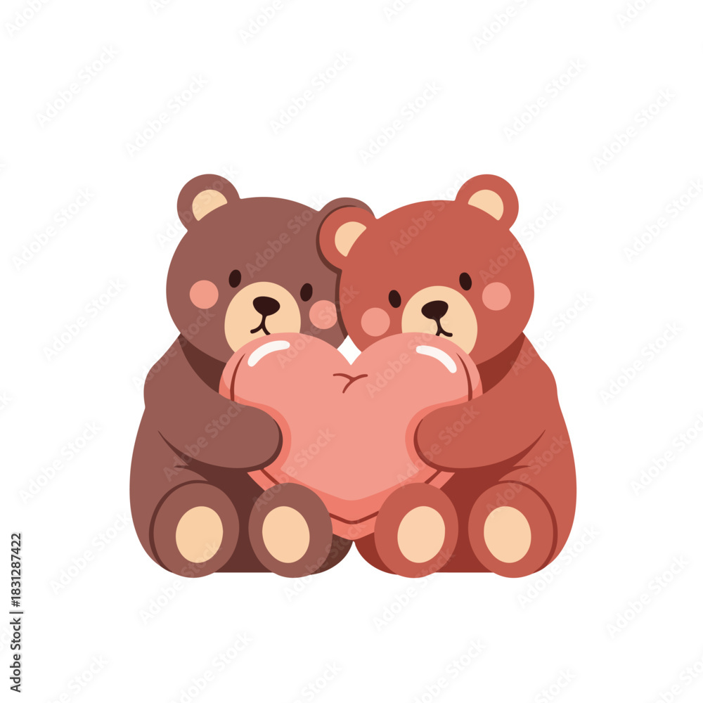 Obraz premium Two cute cartoon bears holding a pink heart together on a white background, conveying Valentine's Day love and affection in a sweet, illustrative style.