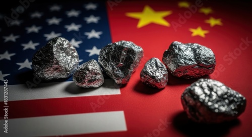 Highly Reflective Metallic Ore Fragments on Overlapping US and Chinese Flags