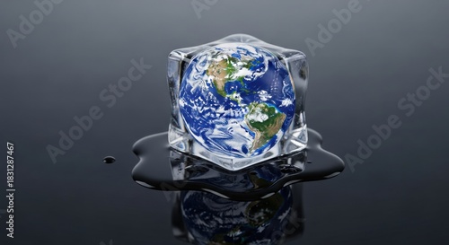 Hyper-Realistic Macro Shot of Earth Ice Cube Rapidly Melting on Black Surface