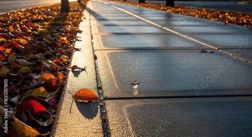 Autumn Pathway Leaves and Light on a Concrete Walkway