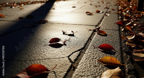 Autumn Leaves on a Sunlit Sidewalk A Close-Up View of Fall's Delicate Beauty and Crisp Air