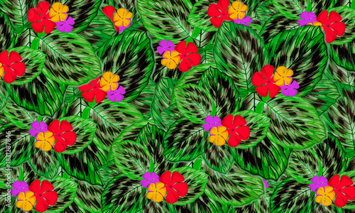 green leaves  with colorful flower  spring nature wallpaper background