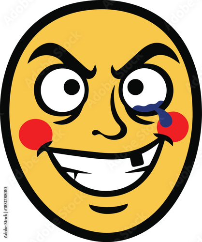 A yellow cartoon emoticon featuring a manic or mischievous expression with arched eyebrows, a wide toothy grin with a missing tooth, red cheeks, and a single tear drop.