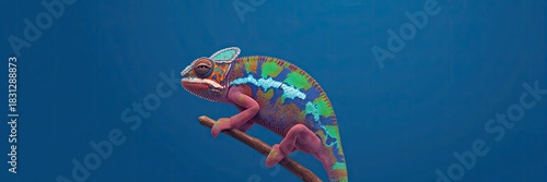 Pink, Blue, and Green Chameleon on a Branch Against a Deep Blue Background