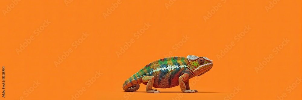 Obraz premium Colorful Chameleon with White Stripe on a Solid Orange Background