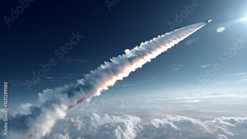 Rocket Launching into Space Leaving a Trail of Smoke Above the Clouds.
