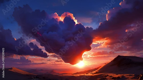 Dramatic Sunset Over Desert Landscape with Colorful Clouds.