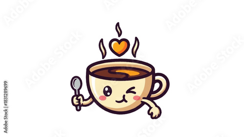 Cute Coffee Cup Character Winking and Holding Spoon.