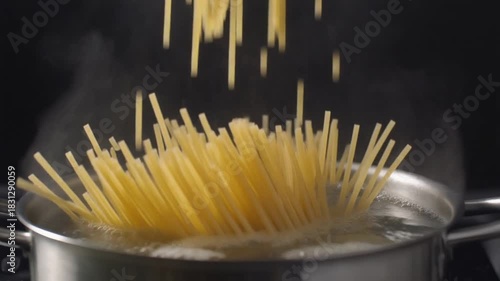 A close-up view of uncooked spaghetti pasta being dropped into a stainless steel pot of boiling water, with steam rising against a dark background