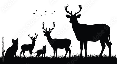 Silhouettes of various animals including deer and cats standing on grass with birds flying.