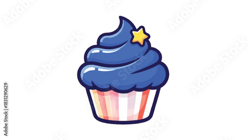 Blue cupcake with yellow star decoration on top.