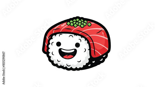 Cute cartoon sushi character with happy face and salmon topping.