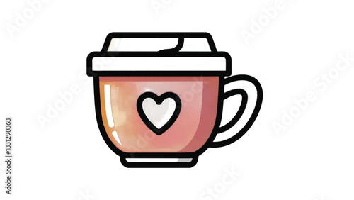 Cute coffee cup with heart design and lid.