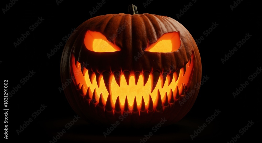 Fototapeta premium Eerily Lit Pumpkin A Spooky Halloween Lantern with a Menacing Grin