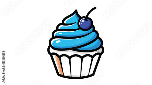 Delicious Blue Cupcake with Cherry Topping Isolated on White Background.