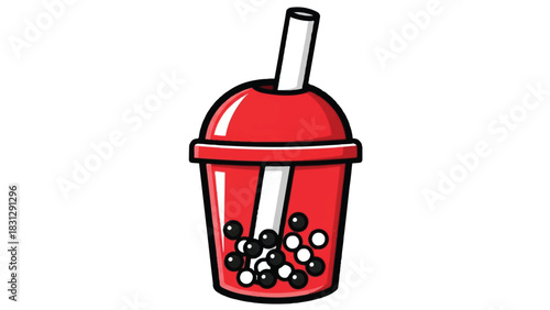 Red Bubble Tea Drink with Tapioca Pearls and Straw.