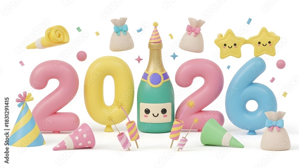 Obraz premium A festive and cute illustration of the year 2026 with a smiling champagne bottle, party hats, confetti, and star decorations.