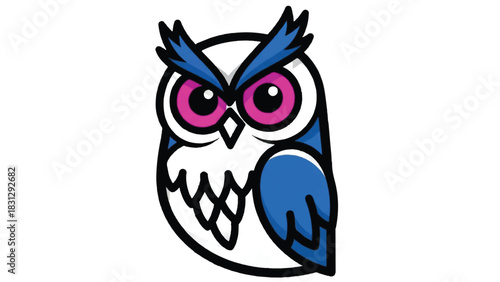 Stylized cartoon owl with bright pink eyes and blue wings.