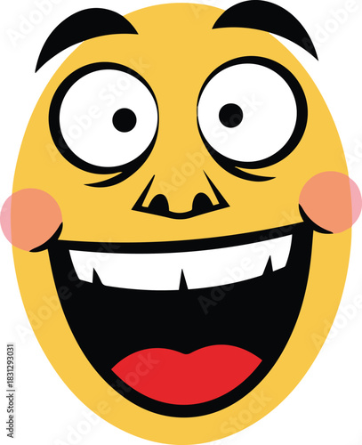 A yellow cartoon emoticon featuring an overly excited expression with wide eyes, a huge toothy grin, and rosy cheeks.