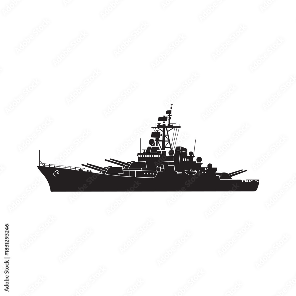 Obraz premium Battleship silhouette vector icon. Naval warship military cruiser ship isolated on white background.