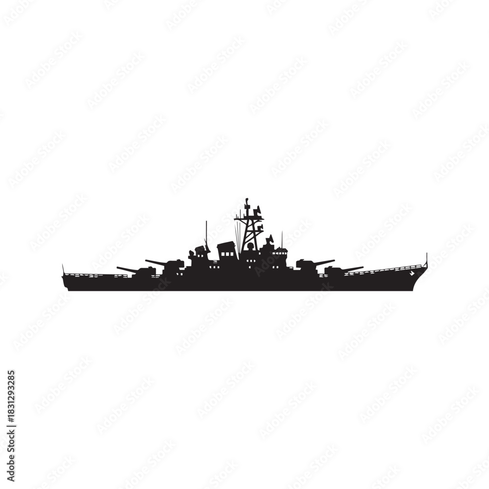 Obraz premium Battleship silhouette vector icon. Naval warship military cruiser ship isolated on white background.