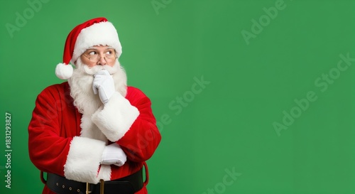 Pensive Santa Claus in Red Suit with Finger on Lips, Looking Thoughtful and Secretive on Green Background
