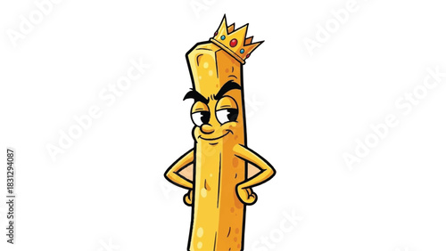 Cartoon King French Fry Character with Crown and Confident Expression.