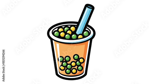 Hand drawn illustration of a bubble tea drink with tapioca pearls.