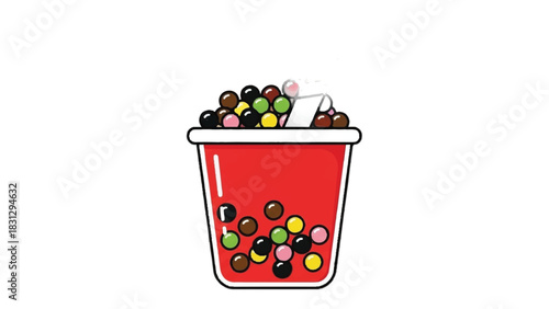 Delicious red bubble tea cup filled with colorful tapioca pearls.