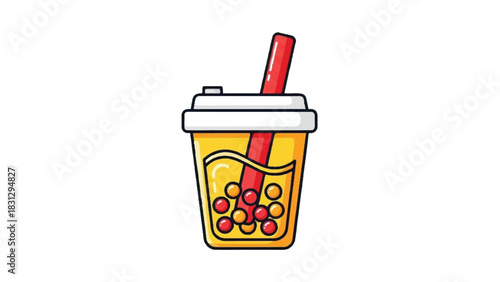 Bubble Tea Drink with Red Straw and Tapioca Pearls.