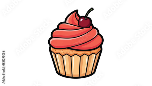 Delicious Cupcake with Cherry Topping - A Sweet Treat Illustration.