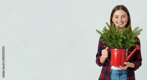 Smiling teenage girl holding a red watering can filled with green spruce branches. Happy young female with freckles wearing plaid shirt. Christmas holiday or gardening concept with copy space