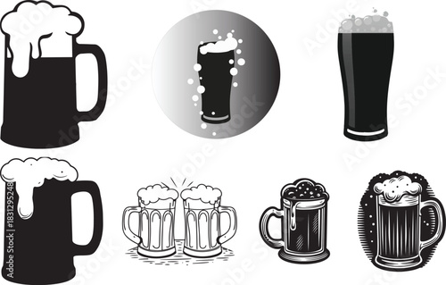 Collection of Black and White Beer Mug and Glass Icons
