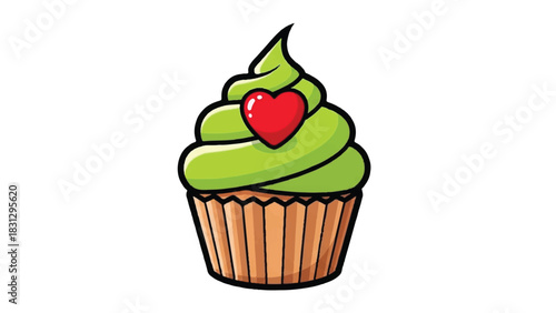 Delicious cupcake with green frosting and a red heart on top.