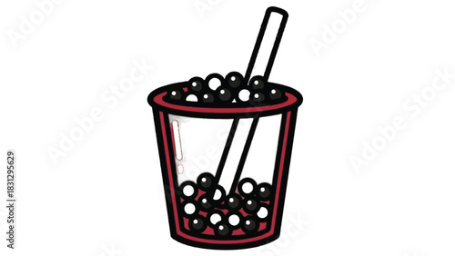 Hand drawn illustration of a bubble tea drink with tapioca pearls.