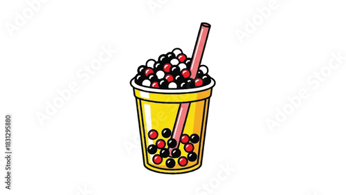 Colorful Bubble Tea Drink with Tapioca Pearls and Straw.